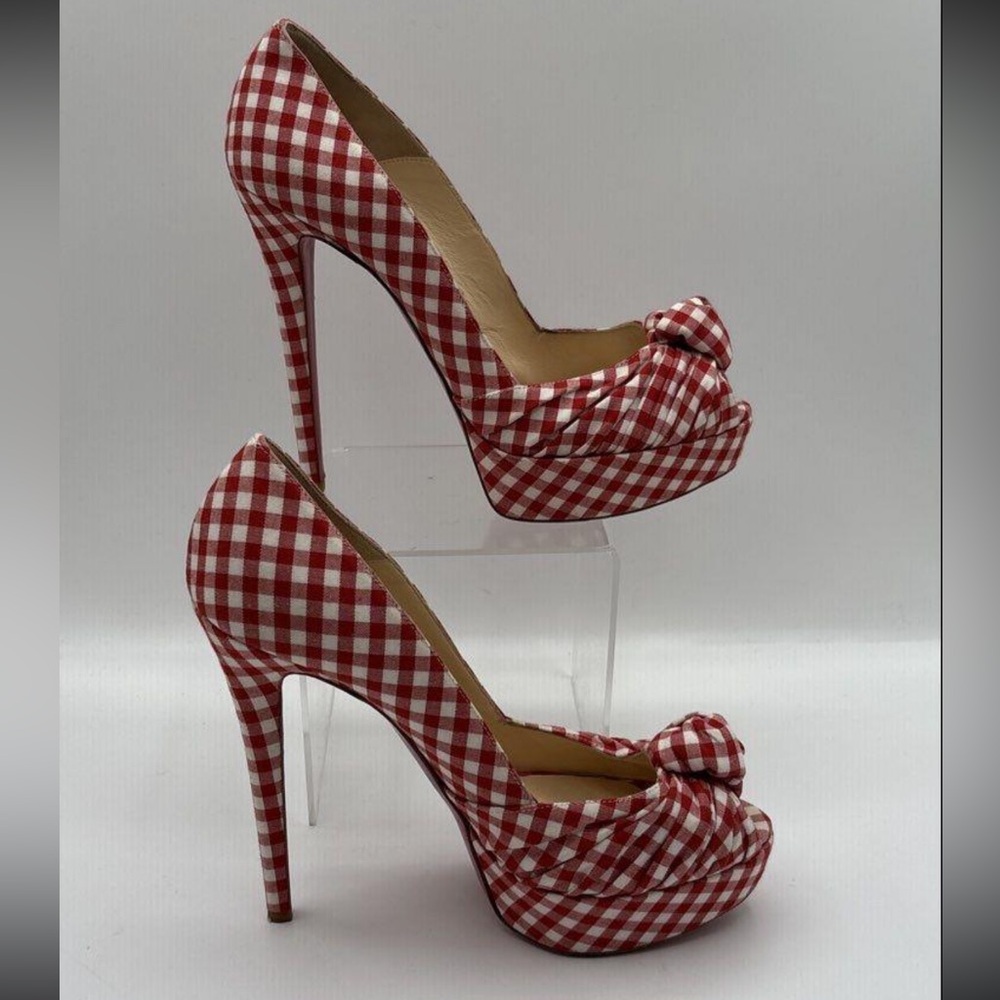 Christian Louboutin Red Checkered High Heel Pumps size 38.5 - US 8 1/2! Worn 1 X - Picture 8 of 8